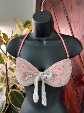 Pink Lace Tie-Front Bikini Top